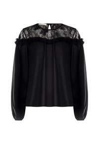 Blusa nera a maniche lunghe con scollo in pizzo trasparente, bordatura arricciata sul petto e polsini arricciati, esposta su sfondo bianco.