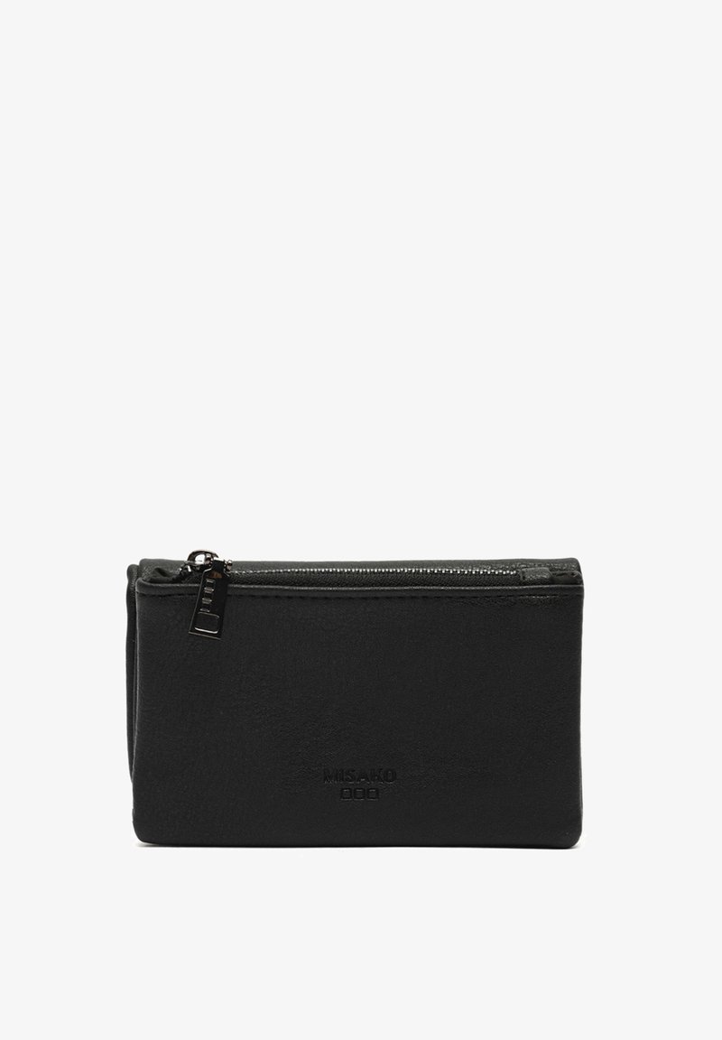 Pochette nera in pelle con zip e finitura texturizzata, caratterizzata da un piccolo dettaglio del marchio impresso sul davanti e una zip metallica.