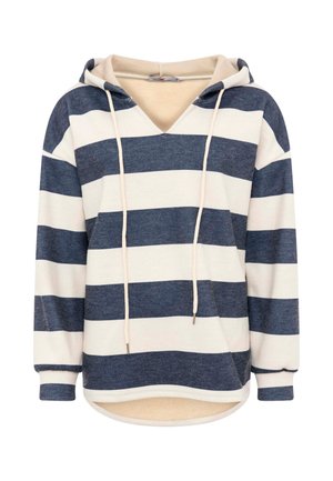 Hooded sweatshirt with navy and white horizontal stripes, front kangaroo pocket, drawstrings, and long sleeves.