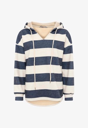 Hooded sweatshirt with navy and white horizontal stripes, front kangaroo pocket, drawstrings, and long sleeves.