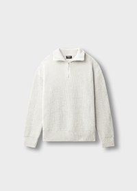 Light gray knit sweater with a half zip, stand-up collar, ribbed cuffs, and hem. Textured design with long sleeves and a relaxed fit.