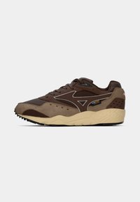 Pantofi sport maro, cu un amestec de piele întoarsă și plasă. Au o talpă de culoare crem, accente argintii și un etichetă Cordura pe lateral.