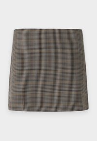 Rutet miniskjørt i brune, beige og marineblåtoner med en jevn tekstur og rett snitt, designet uten synlige lukkinger.