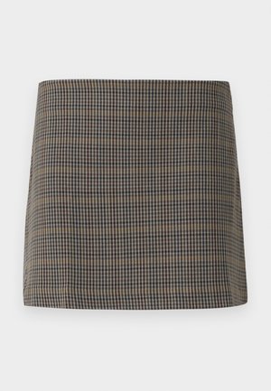 Checkerboard mini skirt featuring brown, beige, and navy tones with a smooth texture and straight cut, designed without visible fastenings.