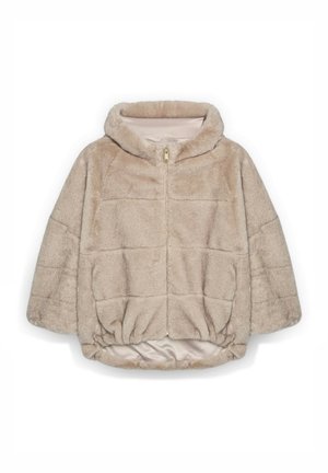 Beżowa kurtka z ekologicznego futra z kapturem, frontowym zamkiem błyskawicznym i ściągaczem u dołu. Charakteryzuje się miękką teksturą oraz pudełkowym, oversize'owym krojem.