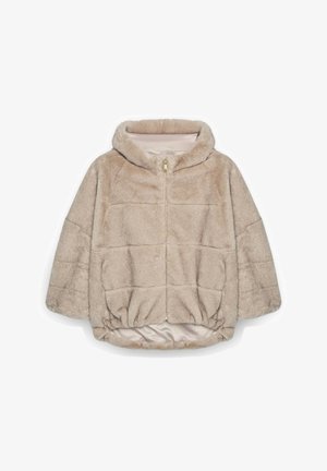 Beżowa kurtka z ekologicznego futra z kapturem, frontowym zamkiem błyskawicznym i ściągaczem u dołu. Charakteryzuje się miękką teksturą oraz pudełkowym, oversize'owym krojem.