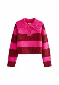 Crop sweater met brede kraag, voorzien van gedurfde horizontale strepen in roze en bordeaux, en een knoopsluiting bij de hals.