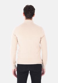 Maglione di cotone beige chiaro con colletto alto e polsini a costine, indossato con pantaloni neri. Design semplice e flessibile senza motivi o accenti.