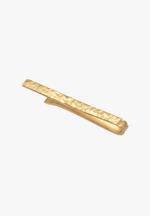 Gold-tone tie clip with a brushed, textured surface; elongated rectangular shape; polished edges; suitable for formal and business wear.