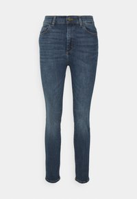 Mörkblå, slim-fit jeans tillverkade av denim. Har fem fickor, knäppning med knapp och minimal blekning med en ren, slät yta.