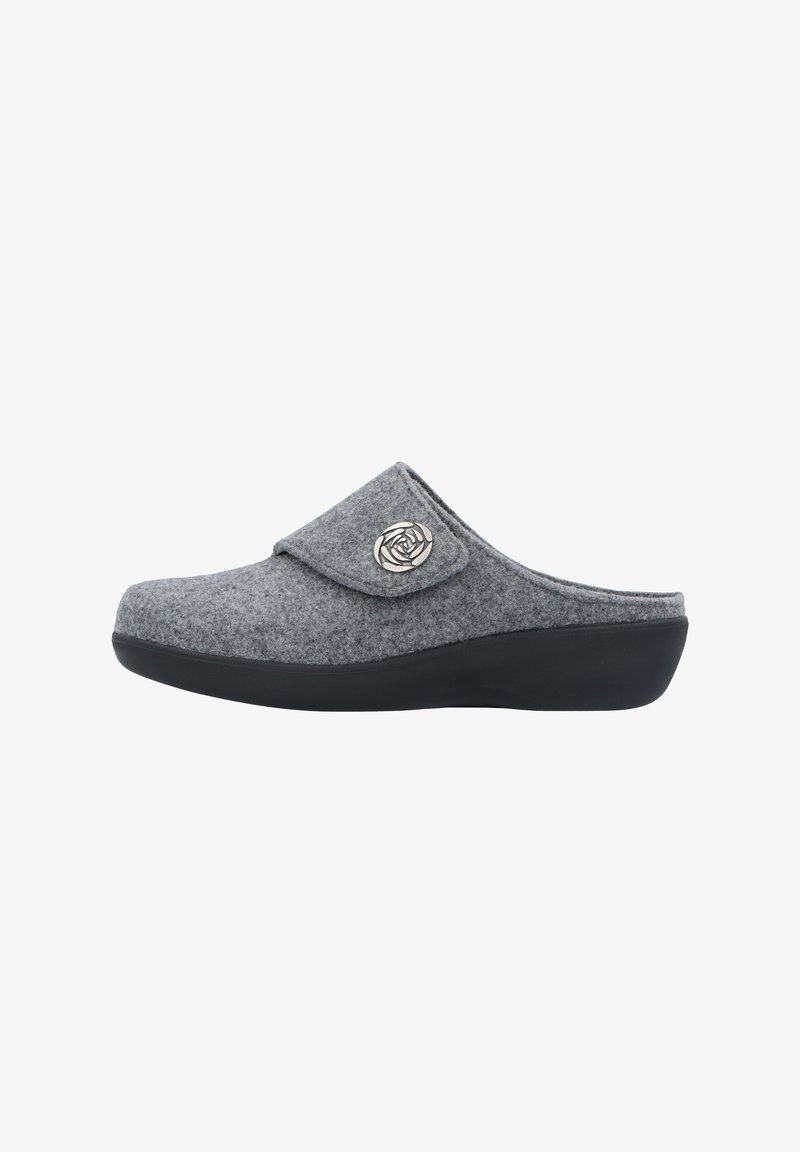 Grey felt slip-on clog with adjustable strap and decorative silver rose button on black sole.