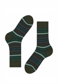 Paski skarpetek w ciemnozielonym kolorze bazowym z paskami w jasnej zieleni, burgundzie i granacie. Wykonane z miękkiego, fakturowanego materiału z wzmocnionym piętą.
