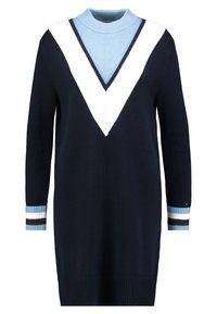 Robe en tricot bleu marine avec un motif en V bleu clair et blanc sur le devant, dotée de poignets et d'un ourlet côtelés avec des accents rayés.