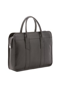 Pochette nera in pelle con due manici superiori, forma rettangolare, texture liscia, cuciture frontali e posteriori, e un compartimento con zip.