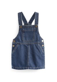 Denim-blaues Latzkleid mit verstellbaren Trägern, Brusttasche vorne, Seitentaschen und Metallknopfverschlüssen auf weißem Hintergrund.