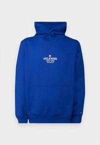 Modrá mikina s kapucí a přední kapsou, nápis "Hilfiger New York" a malým logem vlajky na manžetě rukávu, zobrazená na bílém pozadí.