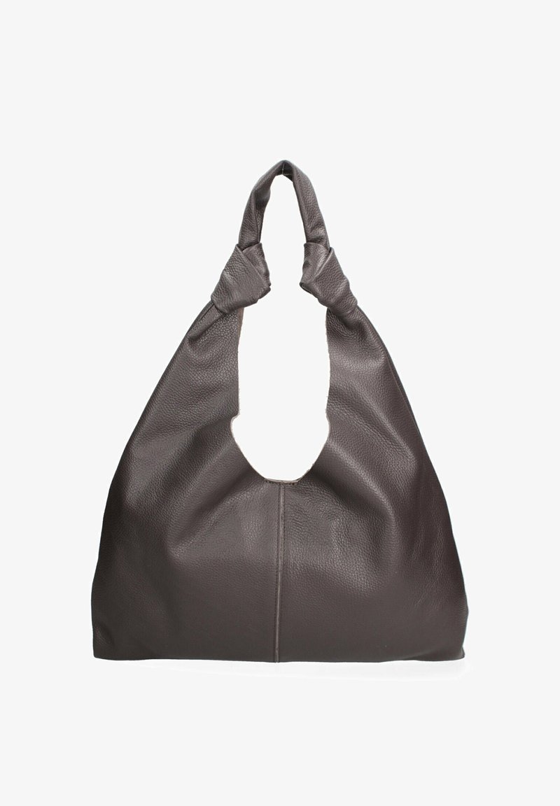 Borsa a mano in pelle marrone con un'ampia apertura, due manici annodati e una superficie morbida e strutturata. Presenta una cucitura centrale.