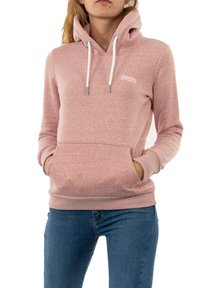 Sudadera con capucha rosa hecha de tela suave, con bolsillo frontal, cordones, puños y dobladillo acanalados. Pequeño logo en el pecho, ajuste casual.