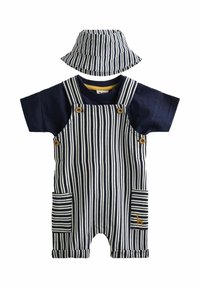 Pruhované námornícke overalové nohavice s dvoma vreckami, drevenými gombíkmi a zodpovedajúcou pruhovanou klobúkom typu bucket; mäkká tkanina, krátke rukávy, hravý detail žirafy.