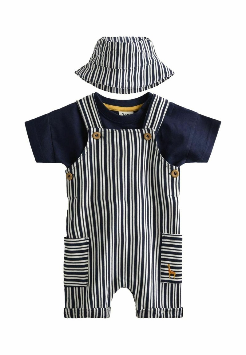 Pruhované námornícke overalové nohavice s dvoma vreckami, drevenými gombíkmi a zodpovedajúcou pruhovanou klobúkom typu bucket; mäkká tkanina, krátke rukávy, hravý detail žirafy.