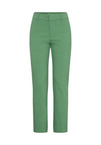 Pantalon vert en tissu lisse, avec une coupe ajustée, des jambes droites et une ceinture épurée sans ornements visibles.