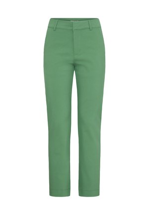 Zelené nohavice vyrobené z hladkej tkaniny, s priliehavým strihom, rovnými nohavicami a čistým pásom bez viditeľných ozdôb.