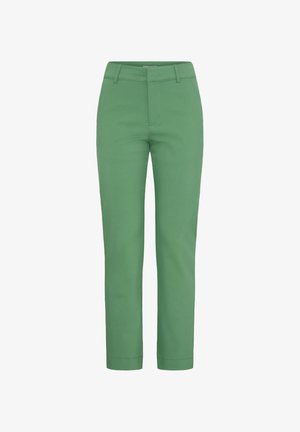 Zelené nohavice vyrobené z hladkej tkaniny, s priliehavým strihom, rovnými nohavicami a čistým pásom bez viditeľných ozdôb.