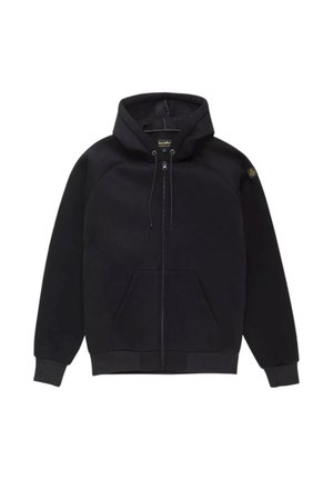 Felpa nera con zip integrale, tasca frontale a marsupio, cappuccio con cordino, polsini e orlo a costine, e piccolo patch logo sulla manica sinistra.