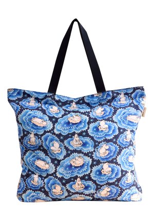 Nákupná taška s čiernymi rukoväťami, na ktorej je tmavomodrý vzor kreslených hrochov odpočívajúcich na modrých obláčikoch s hviezdičkami na bielom pozadí.