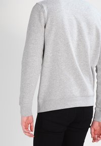 Grå sweatshirt med långa ärmar, ribbad fåll och nederkant, med en slät textur och en enkel design. Bärs med svarta byxor.