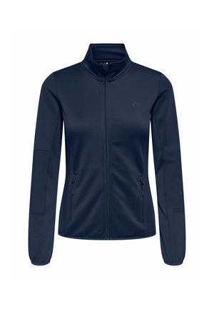 Veste zippée bleu marine pour femme avec col montant, manches longues avec coudières côtelées et poches avant zippées.