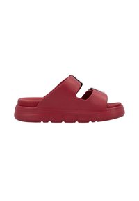 Red rubber slide sandal with dual cut-out straps, textured midsole, and a thick, cushioned sole featuring horizontal grooves.