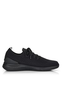 Scarpa sportiva nera con tomaia in maglia traspirante, motivo testurizzato, suola ammortizzata e lacci elastici per una calzata aderente. Punta rotonda e supporto per il tallone.