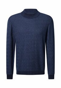 Marineblauer Pullover mit hohem Kragen, der ein strukturiertes Rautenmuster aufweist. Gerippte Bündchen und Saum, aus einem weichen Strickmaterial gefertigt.