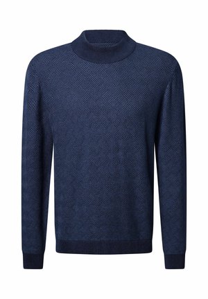 Marineblauer Pullover mit hohem Kragen, der ein strukturiertes Rautenmuster aufweist. Gerippte Bündchen und Saum, aus einem weichen Strickmaterial gefertigt.