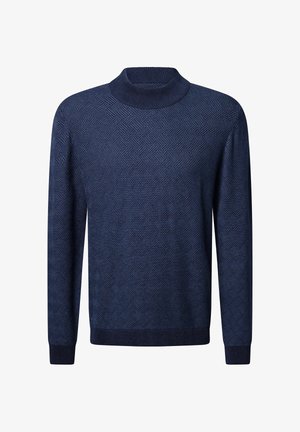 Marineblauer Pullover mit hohem Kragen, der ein strukturiertes Rautenmuster aufweist. Gerippte Bündchen und Saum, aus einem weichen Strickmaterial gefertigt.