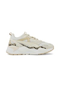 Beige sneaker with mesh and leather overlays, featuring leopard print accents, a textured white sole, and contrasting tonal details.