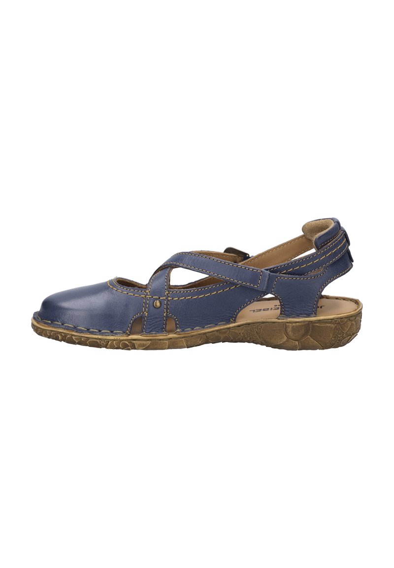 Blå læder slingback sandal med udskæringsdesign, kontrasterende syninger og tekstureret gummisål. Lav hæl og åben bag for nem påføring.