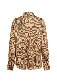 Long-sleeved shirt in tan fabric with a black swirling pattern, featuring a collar and gathered cuffs. Back view shows the full design and stitching.