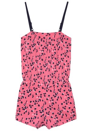 Rosa romper med marineblå leopardpletter, ærmeløs design, elastisk talje og blødt stof. Har tynde justerbare stropper for pasform.