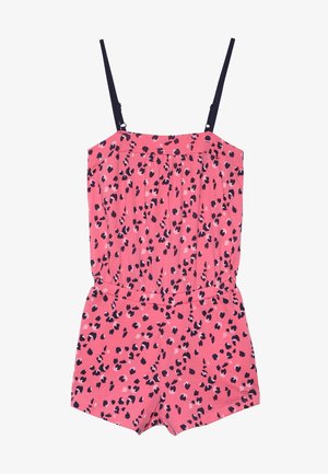 Różowy kombinezon w granatowe cętki w panterkę, bez rękawów, z elastyczną talią i miękkiego materiału. Posiada cienkie, regulowane ramiączka zapewniające dopasowanie.