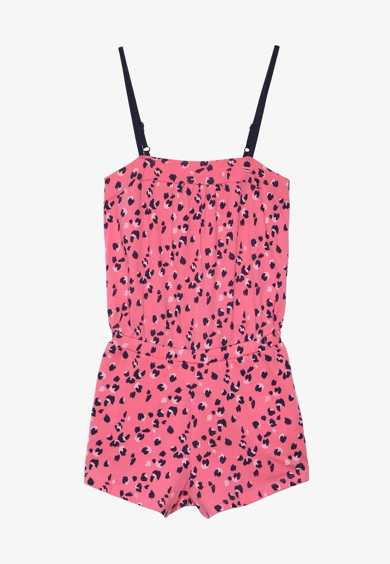 Combinaison courte rose avec des taches léopard bleu marine, design sans manches, taille élastique et tissu doux. Présente des bretelles fines réglables pour un ajustement parfait.