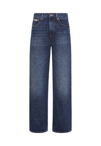 Donkerblauwe spijkerbroek met een wijd ontwerp, voorzien van een traditionele knoopsluiting, vijf pockets en contrasterende stiksels.