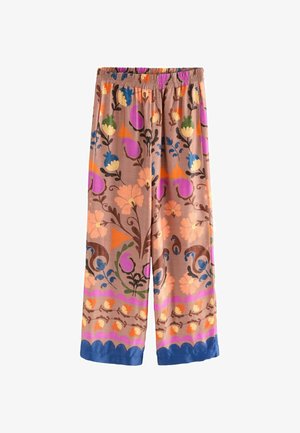 Blomster mønstrede bukser med en lys brun baggrund, farverige designs i lilla, blå og orange, med en blå kant og elastisk talje.