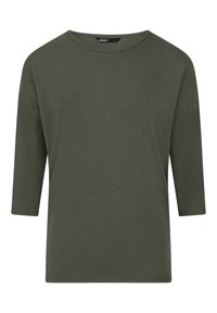 Olivegrünes Hemd mit drei Viertelärmel aus einem weichen, leichten Stoff. Verfügt über einen runden Ausschnitt und eine lässige Passform. Keine Muster oder Verzierungen.
