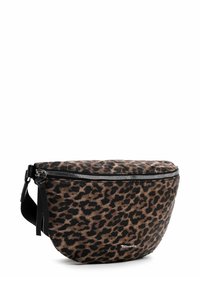 Kabelka přes rameno s leopardím vzorem vyrobená z měkké látky, se zapínáním na zip, černými akcenty a zaobleným tvarem.