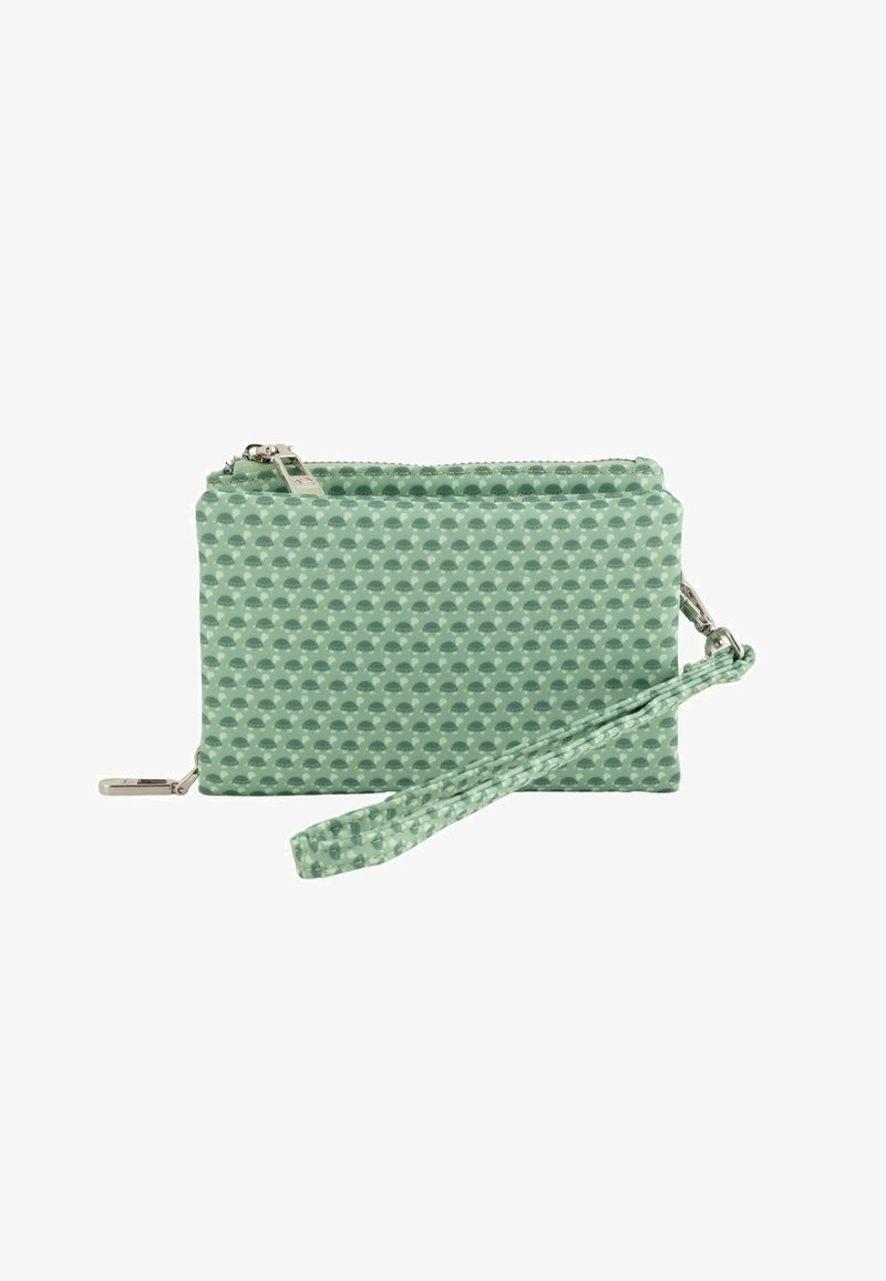 Grön zippered väska med en texturerad yta som har ett mönster av små, jämnt fördelade halvcirklar; inkluderar ett avtagbart handledsstöd.