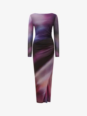 Long-sleeve fitted maxi dress with ruched waist and abstract gradient pattern in purple, pink, black, and blue tones.