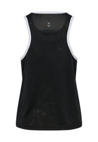 Black mesh tank top with white accents, featuring a loose fit, round neckline, and breathable texture. Ideal for athletic wear.