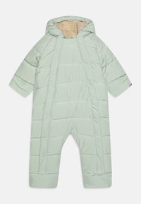 Mintovo zelený zateplený jednodielny snowsuit s kapucňou, štruktúrovanou podšívkou, širokými rukávmi a pruhovanými akcentmi na manžetách.
